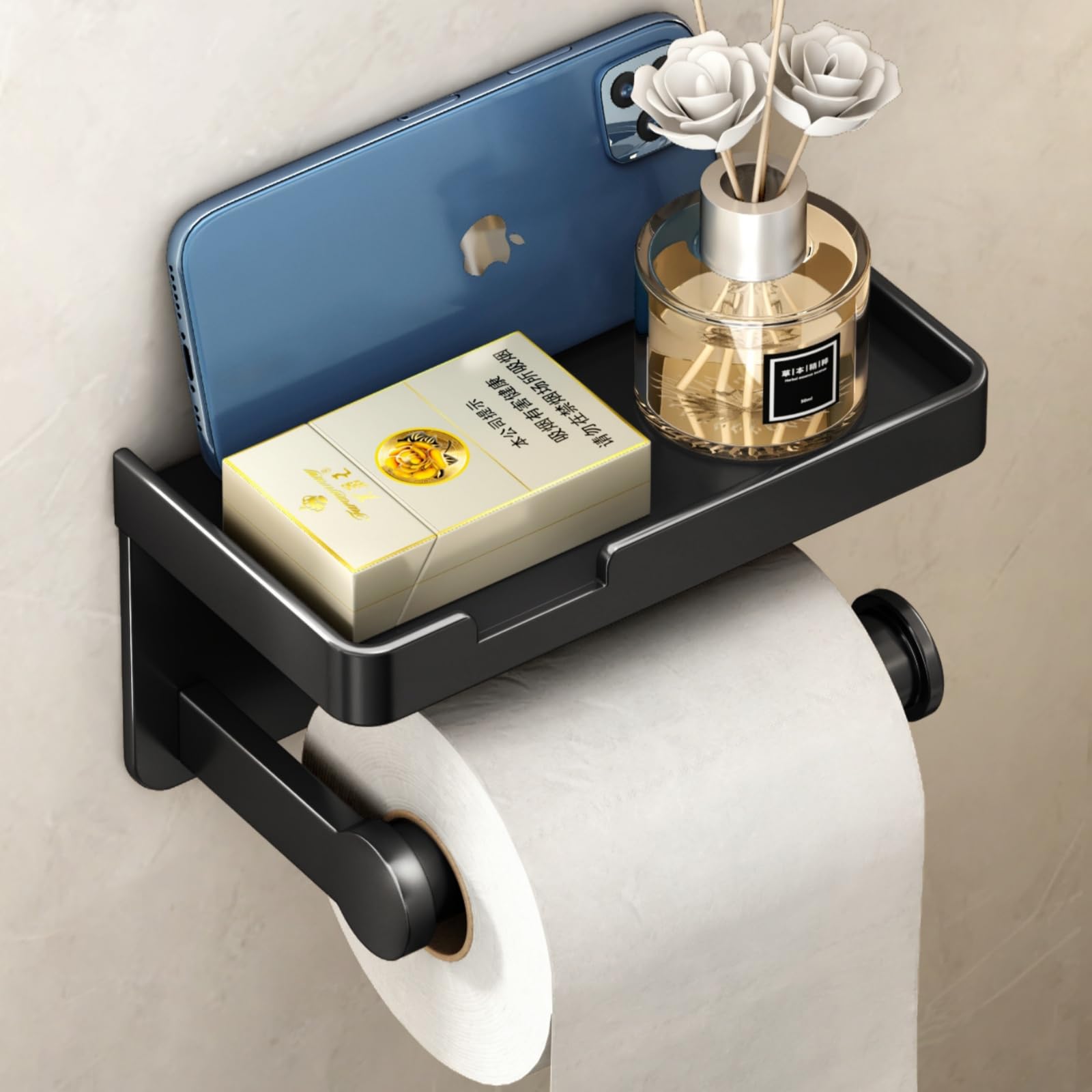 Photo 1 of (USED/FAIR) VOLDRA Toilet Paper Holder with Phone Shelf, Self-Adhesive or Screw-in Toilet Tissue Roll Holder Wall Mount, Rustproof & Multifunctional Bathroom Toilet Paper Holder Storage Dispenser(Black)