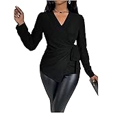 MakeMeChic Women's Wrap Tops V Neck Blouse Business Dressy Shirt Tie Side Long Sleeve Going Out Top