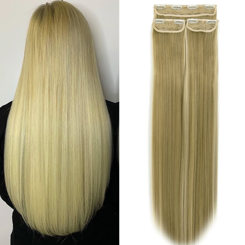 OMGREAT Straight Clips in on Hair Extensions Full Head Synthetic Hairpieces for Women 3Pcs 8Clips - 24" Ash Blonde Mix Bleach Blonde