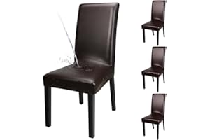 YISUN Dining Chair Covers, Solid Pu Leather Waterproof and Oilproof Stretch Dining Chair Protector Cover Slipcover (Deep Coffee, 4 Pack)