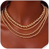 Hremhoo Gold Beaded Necklaces for Women Gold Silver Layered Beaded Necklace Set Punk Hip Hop Chunky Stacking Bead Ball Chain Collar Choker Necklace for Women