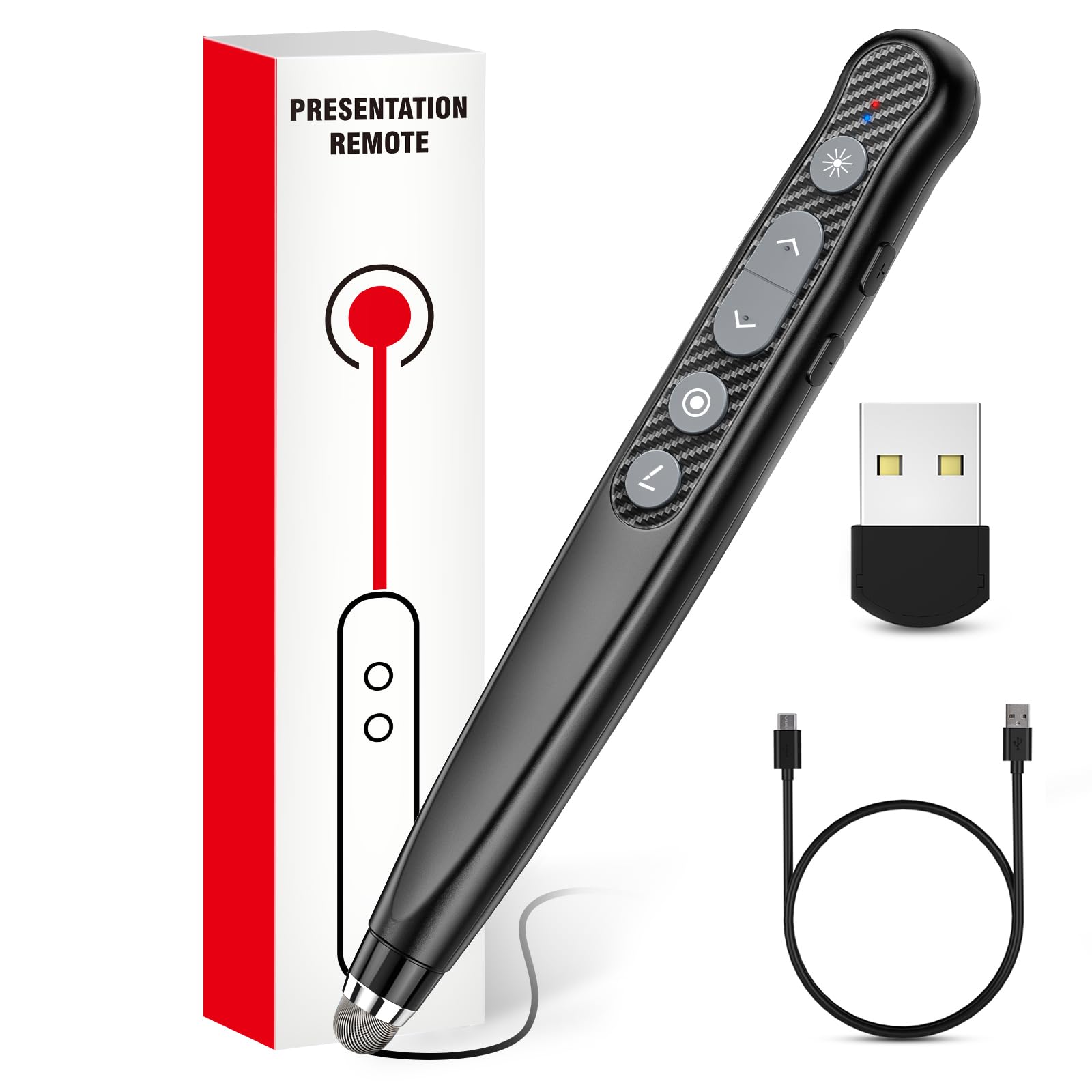 Presentation Clicker with Pointer Stylus Pen for Touch Screen, Rechargeable Wireless Presenter Remote, RF USB PowerPoint Clicker, Slide Advancer with Hyperlink Volume Control for Mac PC
