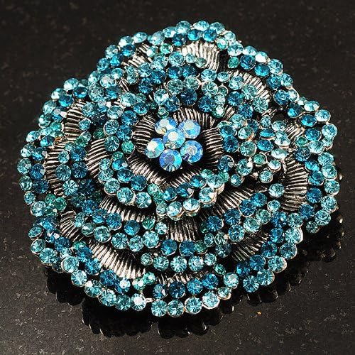 Spectacular Aqua Blue Dimensional Rose Brooch (Antique Silver Tone), grey, cyan / aqua, light blue - Image 3
