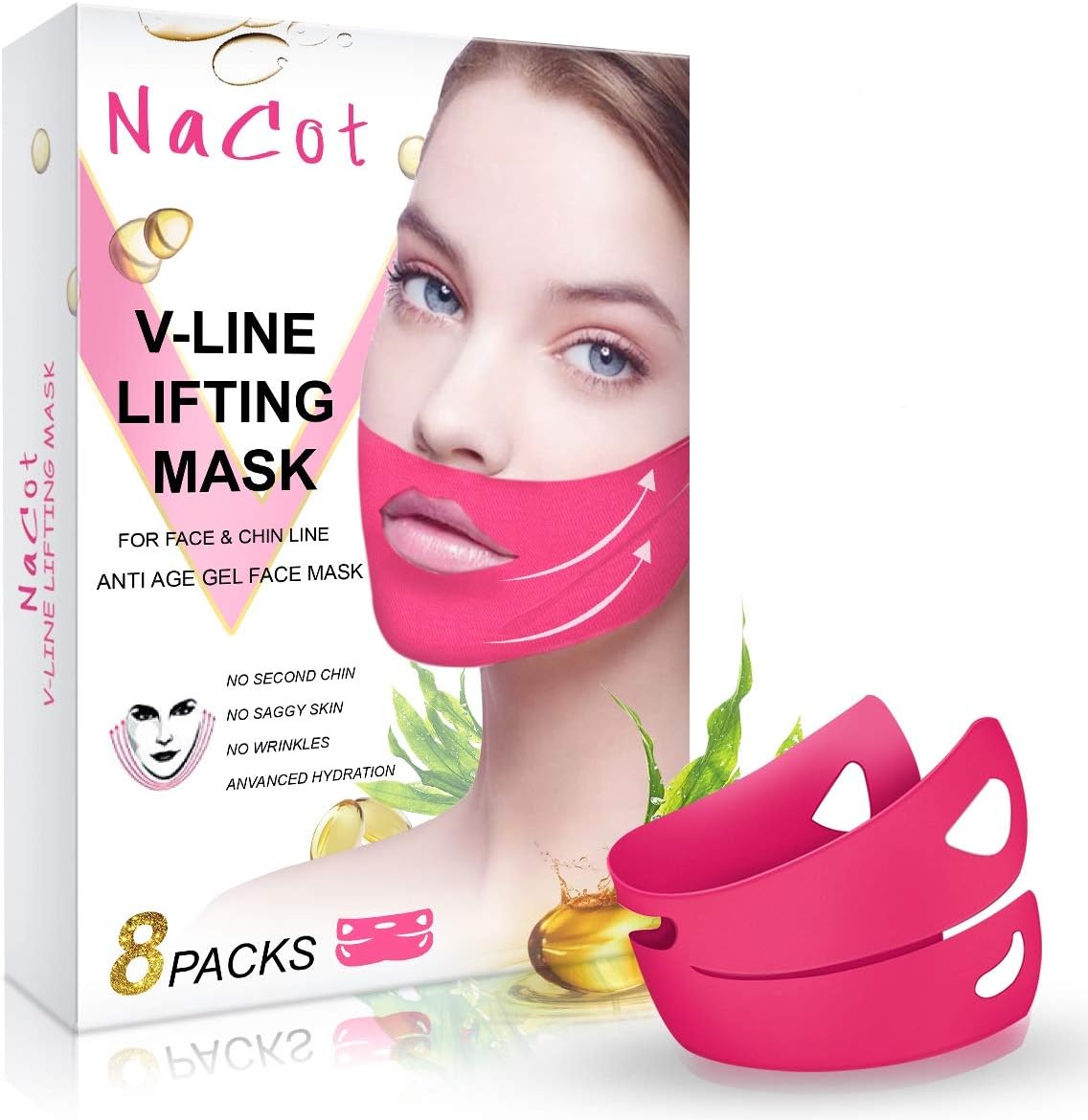 V Line Mask 8 Pcs Chin Up Patches Double Chin Reducer V Shaped Slimming Face Mask Contour Tightening Firming Moisturizing Mask Neck Mask V-Line Lifting Patches (Rose)
