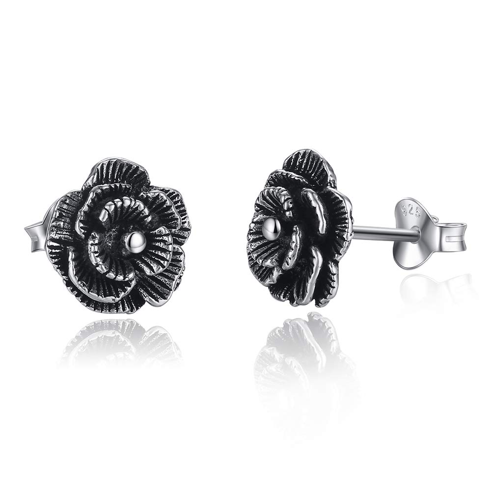 Women\'s Black Rose Stud Sterling Silver Earrings