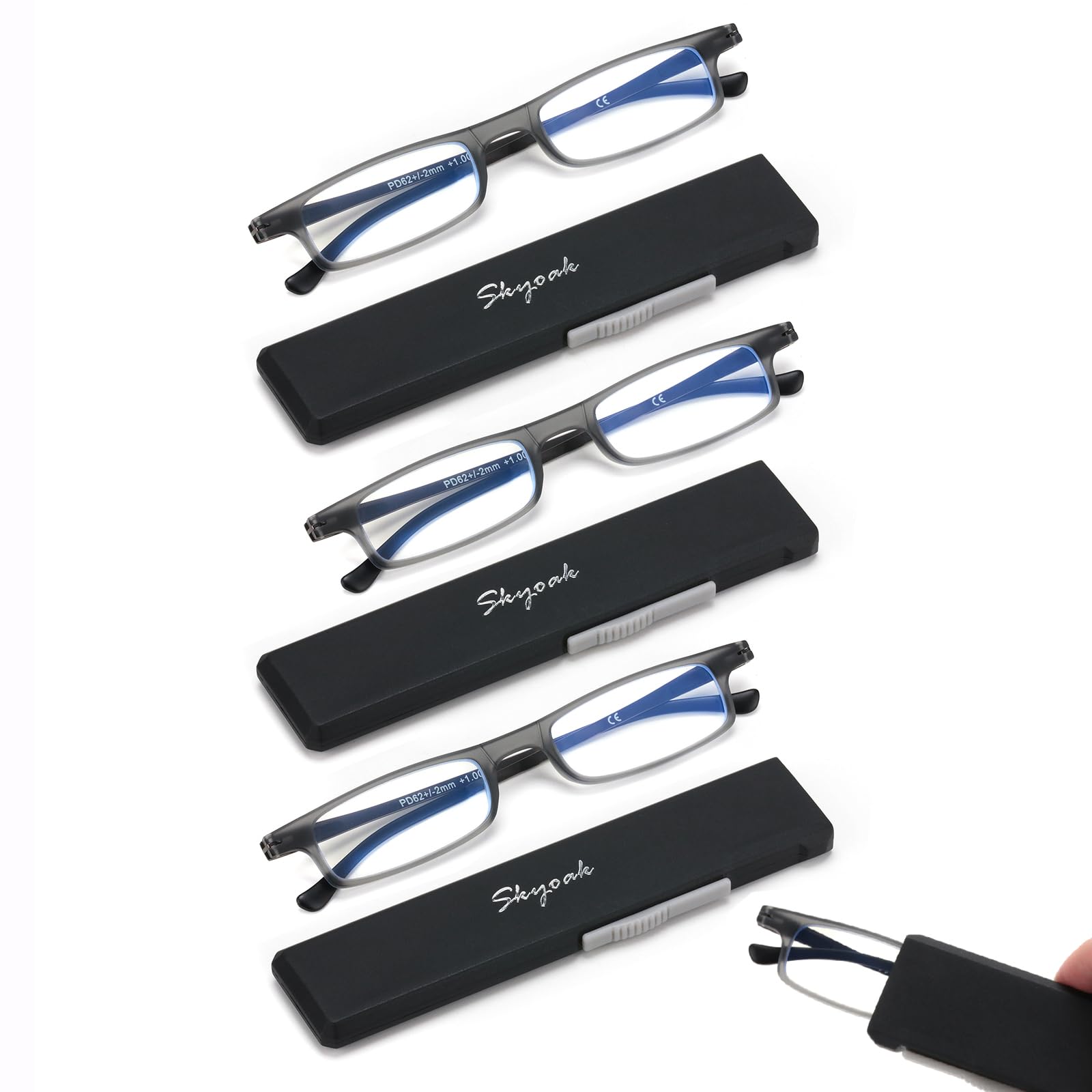 Photo 1 of 3 Pack Ultra thin Lightweight Folding Reading Glasses Women Men TR90 Blue Light Blocking Anti UV/Eyestrain Foldable Compact Computer Readers Portable Unique Stretchable Slim Flat case Gunmetal +2.0
