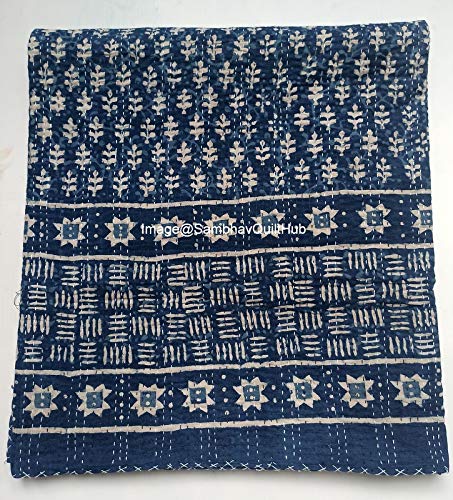 Photo 1 of Blue Indigo Print Cotton Handmade Handblock Quilted Blanket Indian Cottodspread Kantha Indigo Print Beork Bohemian Bed Decor Block Throw Blanket Twin/King/Queen (California King 108X108 inches)