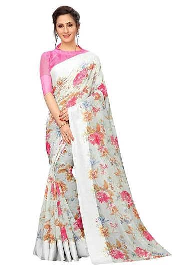 Rajeshwar Fashion With Rf Linen Jute Soft Cotton Art Silk Zari Border Work Printed Saree With Blouse Material(FLORA 01 DENIM BLUE_Multi-Coloured_Free Size 6.20 Meters)