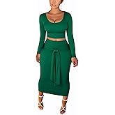 FANDEE Skirt Sets Women 2 Piece Outfits Plus Size Midi Dresses For Curvy Women, Long Sleeves Top & Bodycon Skirts Casual Fall