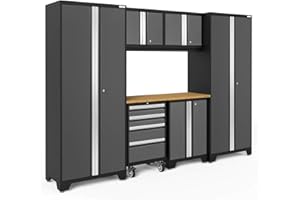 NEWAGE PRODUCTS INC. NewAge Products Garage Storage Cabinets Steel Bold Series 7 Piece Sets Includes Bamboo Worktop, Multi-Use lockers, Wall, Base and Rolling Tool Cabinets, Gray, 50421