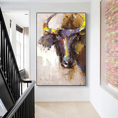Wjy Animaux Abstrait Peinture A L Huile Affiches Et Impressions Sur Toile Mur Art Colore Tete De Taureau Photos Pour Salon Decor 60cm X90cm Pas De Cadre Amazon Fr Cuisine Maison