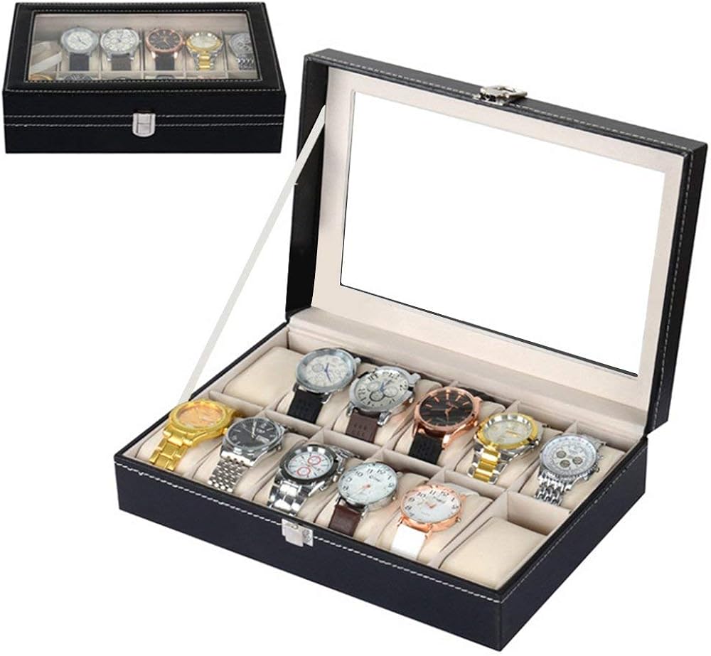 Uhrenbox 12 Uhren Uhrenkoffer Schaukasten Uhrenkasten Uhrenvitrine für 12 Uhren aus kunstleather uhrenbox Herren Damen