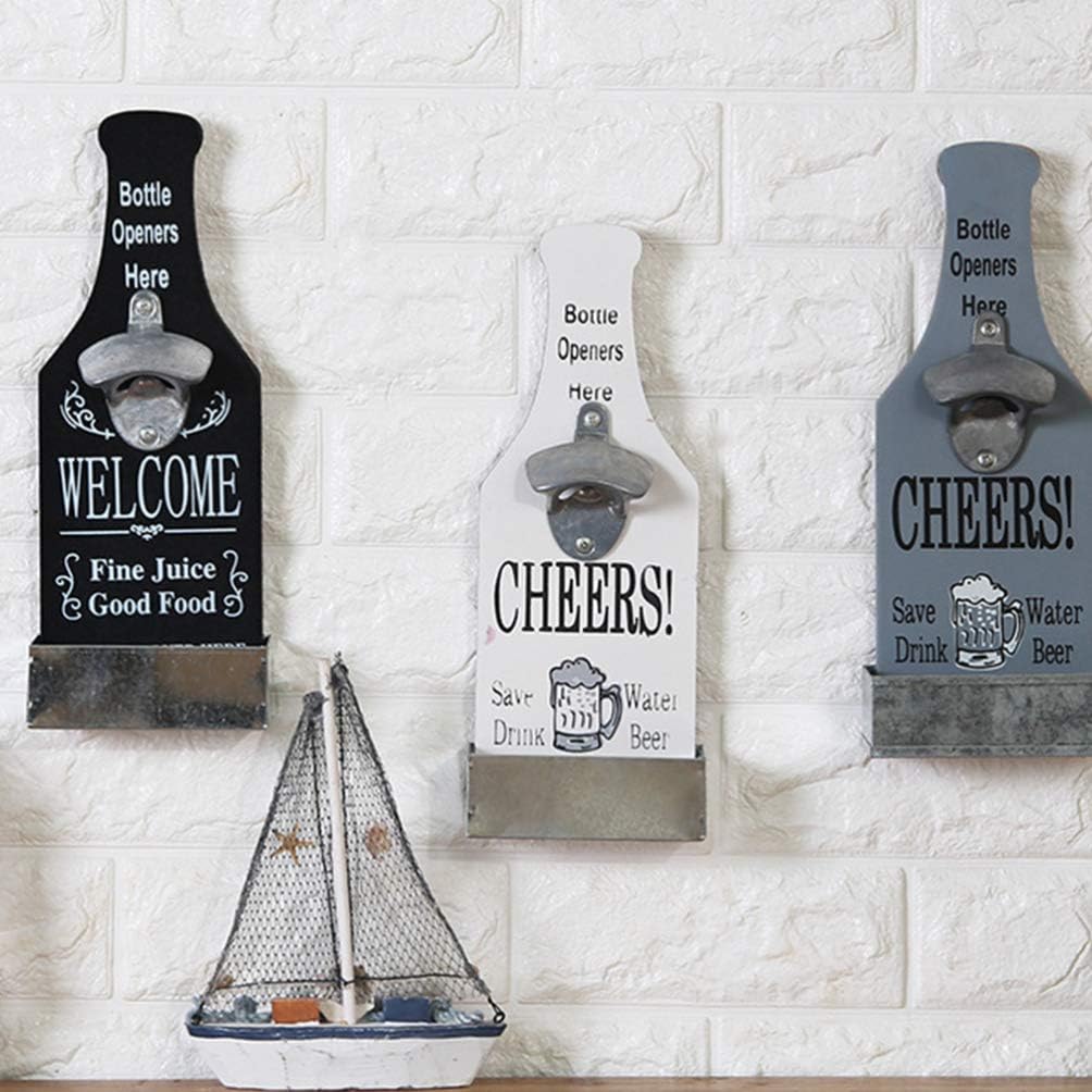 Wall Mount Bottle Opener Unique Vintage Wood Beer Opening Tool Decoration with Cap Catcher Box for Restaurant Home (Light Grey) - Image 4