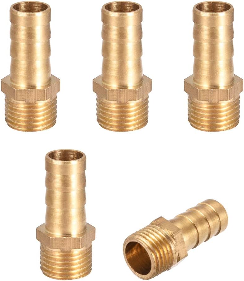 sourcing map Brass Hose Barb Fitting,Connector,10mm Barb x G1/4 Male Pipe Adapter,5Pcs, Gold, 10mm x G1/4