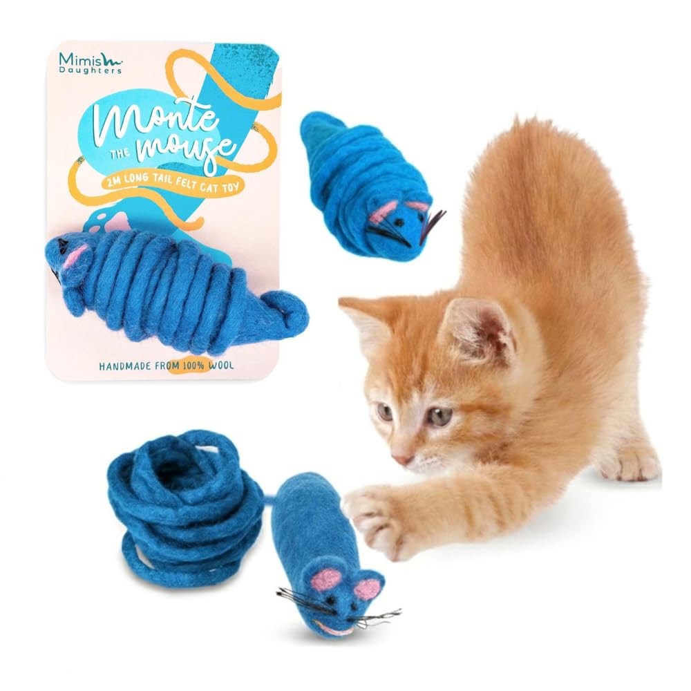 Mimis Daughters Cat Kitten Chew Mouse Scratch Chase Play Toy - Interactive Exercise 2M Long Tail - For Indoor Cats - Unique Handmade Felt Cat Toy (Blue)