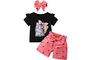 Toddler Girl Summer Outfit Short Sleeve Cute Cat Love Print T-Shirts Tops and Shorts Bowknot Headband Set