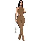 Ekaliy Two Piece Outfits for Women Sleeveless Crop Top Ribbed High Waist Long Pants Sets Party Jumpsuits Clubwear