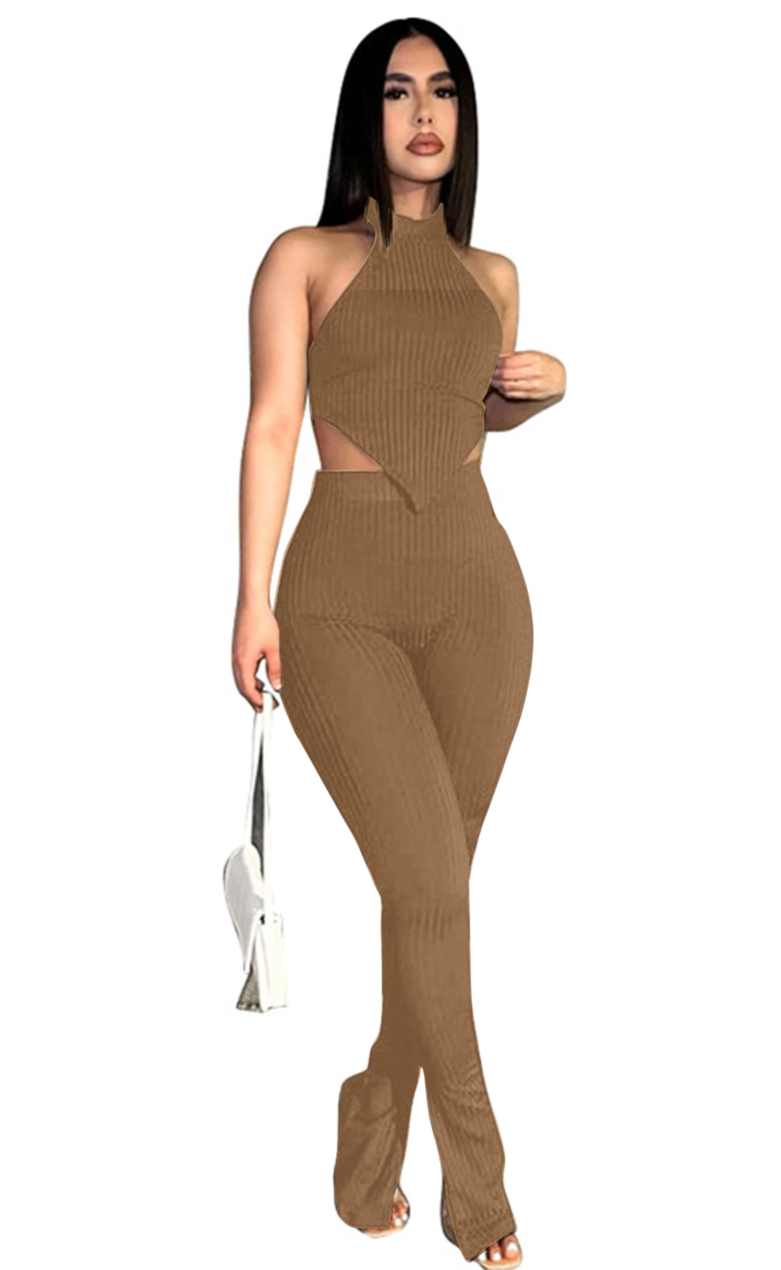 Photo 1 of Workout Outfits for Women 2 Piece Seamless Ribbed High Waist Leggings with Sports Bra Exercise Set S Apricot