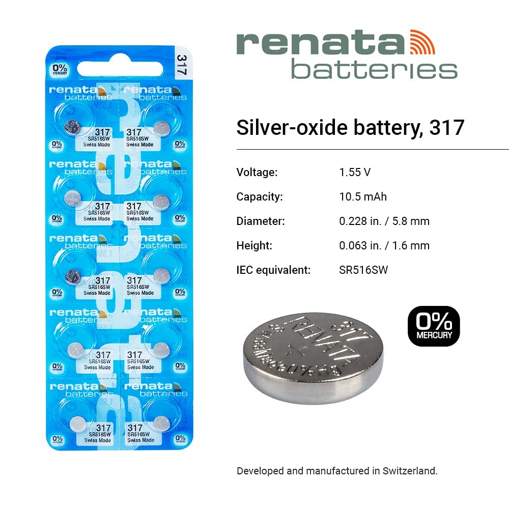Renata Batteries Renata 317 SR516SW Batteries - 1.55V Silver Oxide 317 Watch Battery (2 Count)