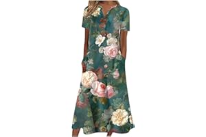 LEHOZIHEQ Summer Dress for Womens Short Sleeve Long Maxi Dress Plus Size Boho Floral Print Dresses with Pockets