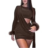 Aro Lora Womens Sexy Ruched Cutout Bodycon Dresses Long Sleeve Fuzzy Cuff Party Club Mini Dress