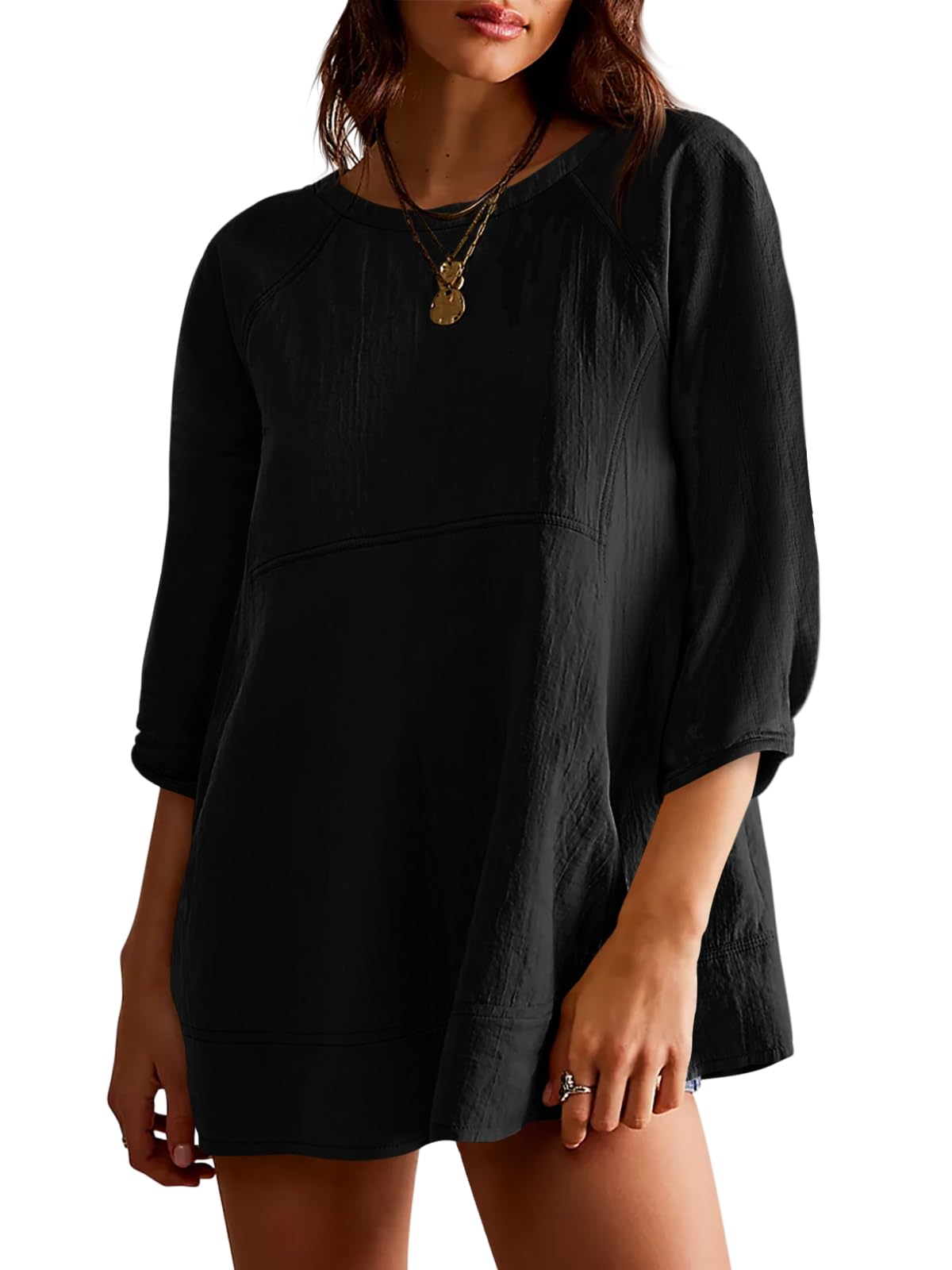Photo 1 of Tankaneo Womens Tunic Tops 3/4 Sleeve Casual Peplum Flowy Oversized Babydoll Blouse Shirts Black