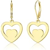 925 Sterling Silver Heart Earrings for Women, 14K Gold Plated Double Love Heart Dangle Earrings, Leverback Hypoallergenic Lightweight Drop Earings for Women, Valentine's Day Gifts
