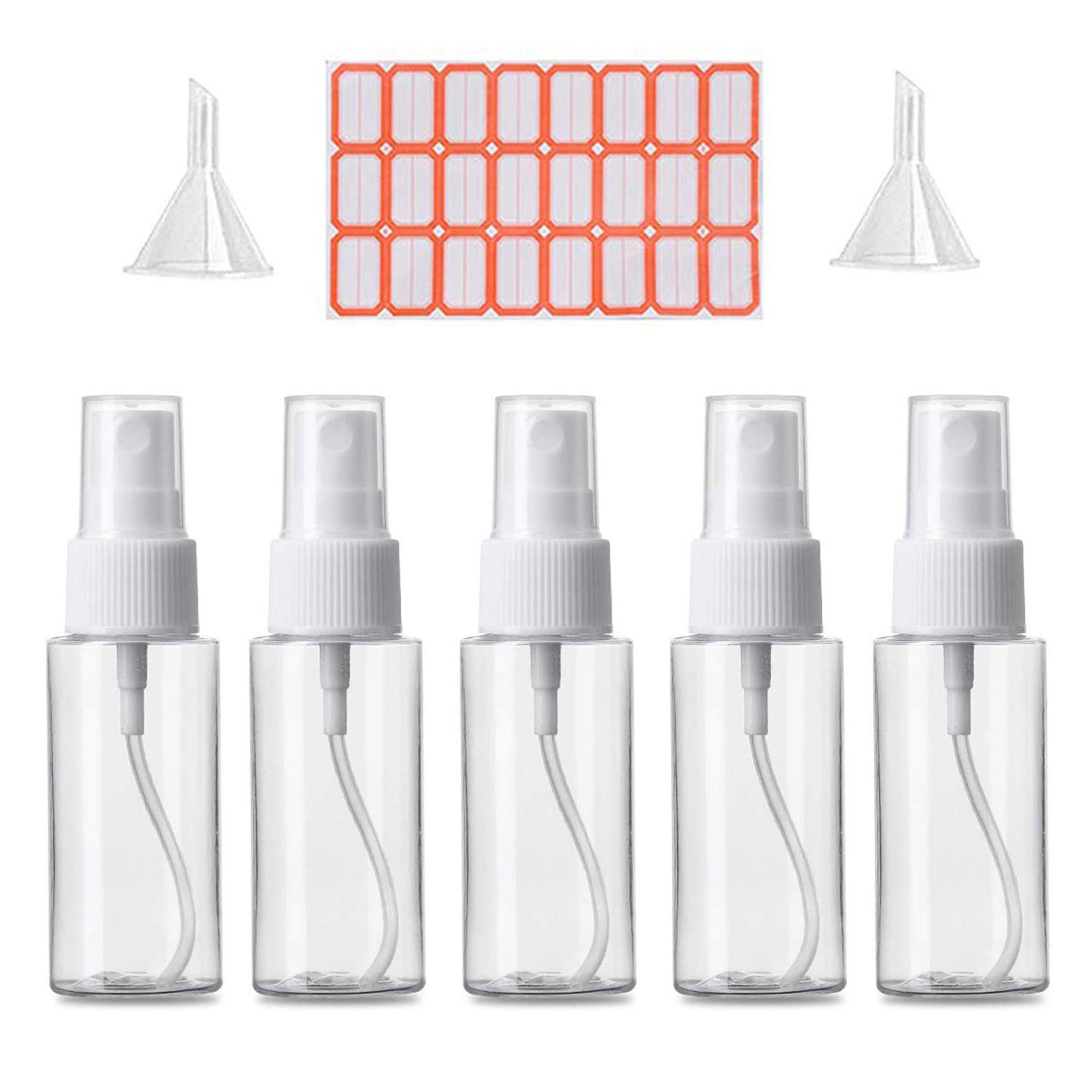 Small Spray Bottle 1 oz/30ml Plastic Mini Empty Fine Mist Travel Size Spray Bottles Clear Plastic Small Refillable Liquid Containers with 2pcs Funnels and 24pcs Labels (5 Pack)