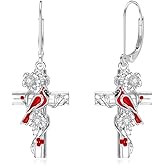 BETHZA Diamond Cardinal Cross Earrings 925 Sterling Silver Red Bird Cardinal Cross Dangle Earring Animal Jewelry Gifts for Women