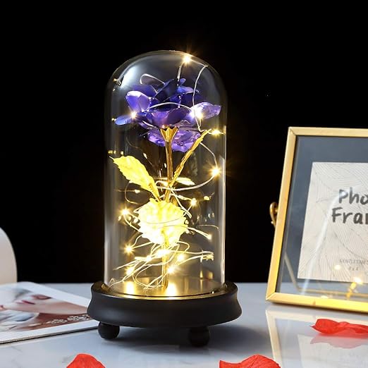 Amazon Com Enchanted Rose Lamp Beauty And The Beast Rose Blue Silk Rose Gold Foil Leaf And Led String Light On Glass Dome Wooden Base Romantic Gift For Birthday Wedding Valentine S Day Kitchen Dining