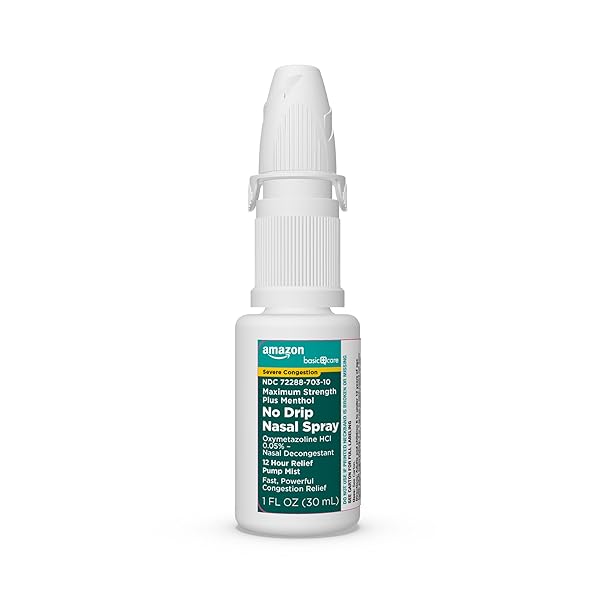 AMAZON BASIC CARE NO DRIP SEVERE CONGESTION NASAL PUMP MIST SPRAY, 12 HOUR RELIEF, OXYMETAZOLINE HCL, MAXIMUM STRENGTH PLUS MENTHOL, STEROID FREE, 1 FL OZ (PACK OF 1)