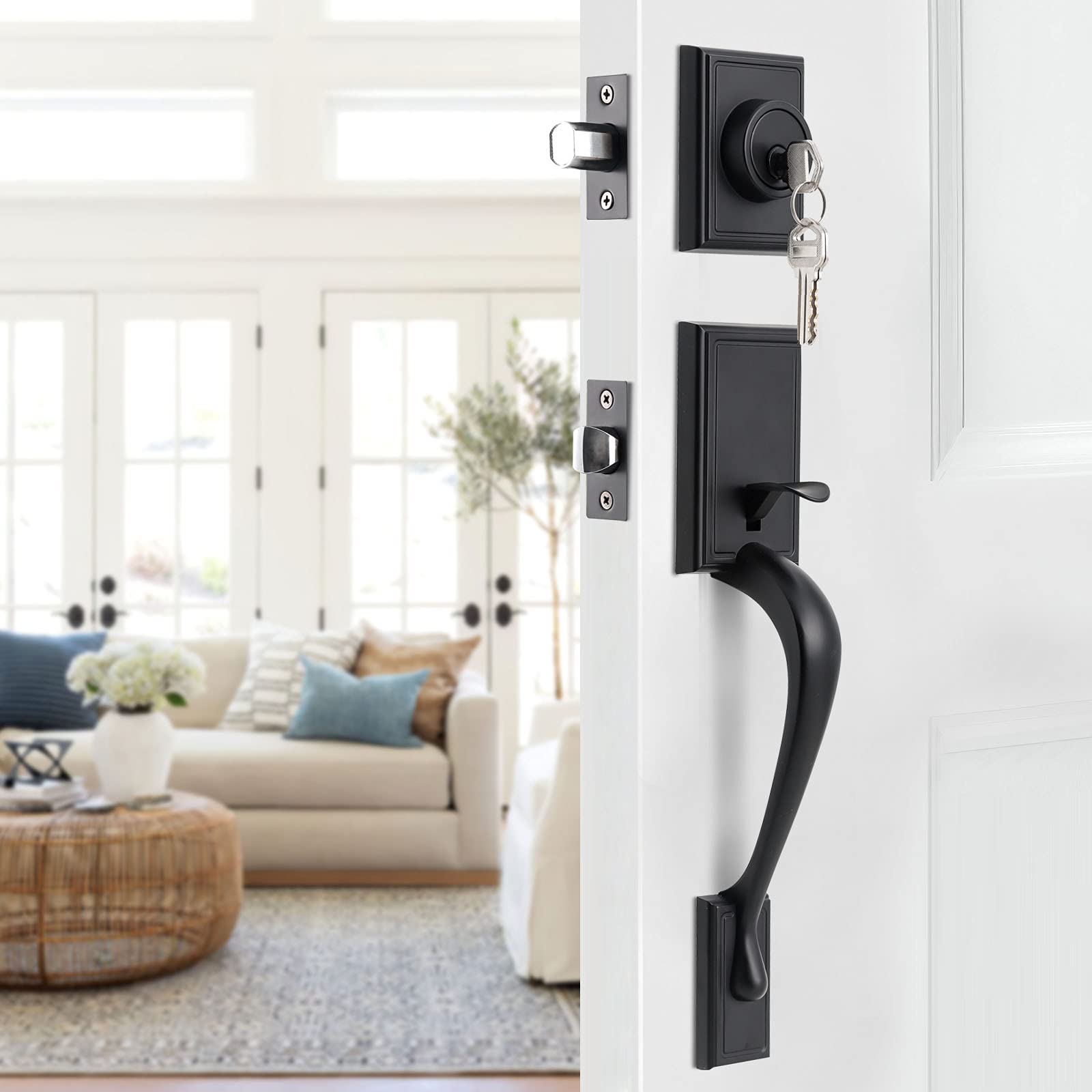 GUA OYH Front Door Handle Matte Black Front Door Lock Set Door Handle Sets with Handle Lever Exterior Door Handle for Front Door or Office Door (L36158-B-S116) — image 1