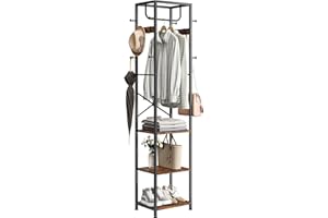 ELYKEN Coat Rack Freestanding, Hall Tree with 3 Storage Shelves and 12 Hooks, Industrial Clothes Rack Stand Organizer for Bedroom, Hallway, Entryway, Office, Living Room, Rustic Brown