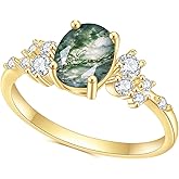 Gem's Beauty Green Moss Agate Rings 14K Gold/14K Rose Gold Three Stone Engagement Ring in 925 Sterling Silver Women's Gold Ring Gifts for Her