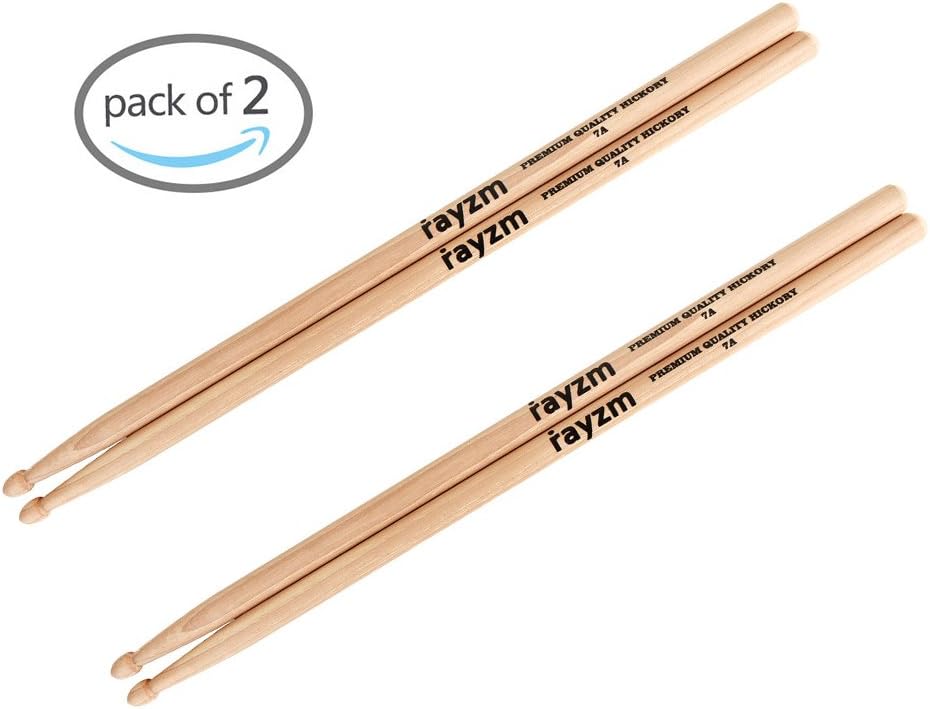 rayzm Drum Sticks 7A, Solid American Hickory Drumsticks/Beater Sticks, Wood Tips