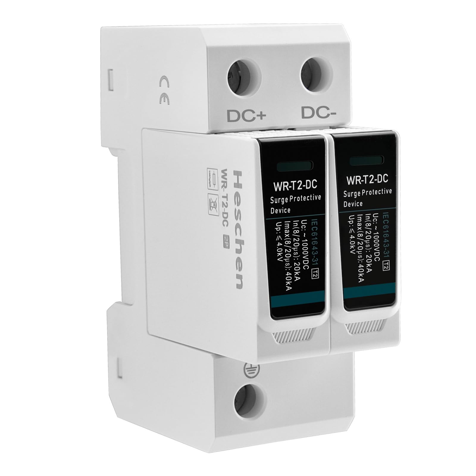 Heschen DC Surge Protective Device for PV, WR-T2-DC, 2P 1000VDC 20kA, T2 Type, Fire-Proof, 35mm DIN Rail Mounting