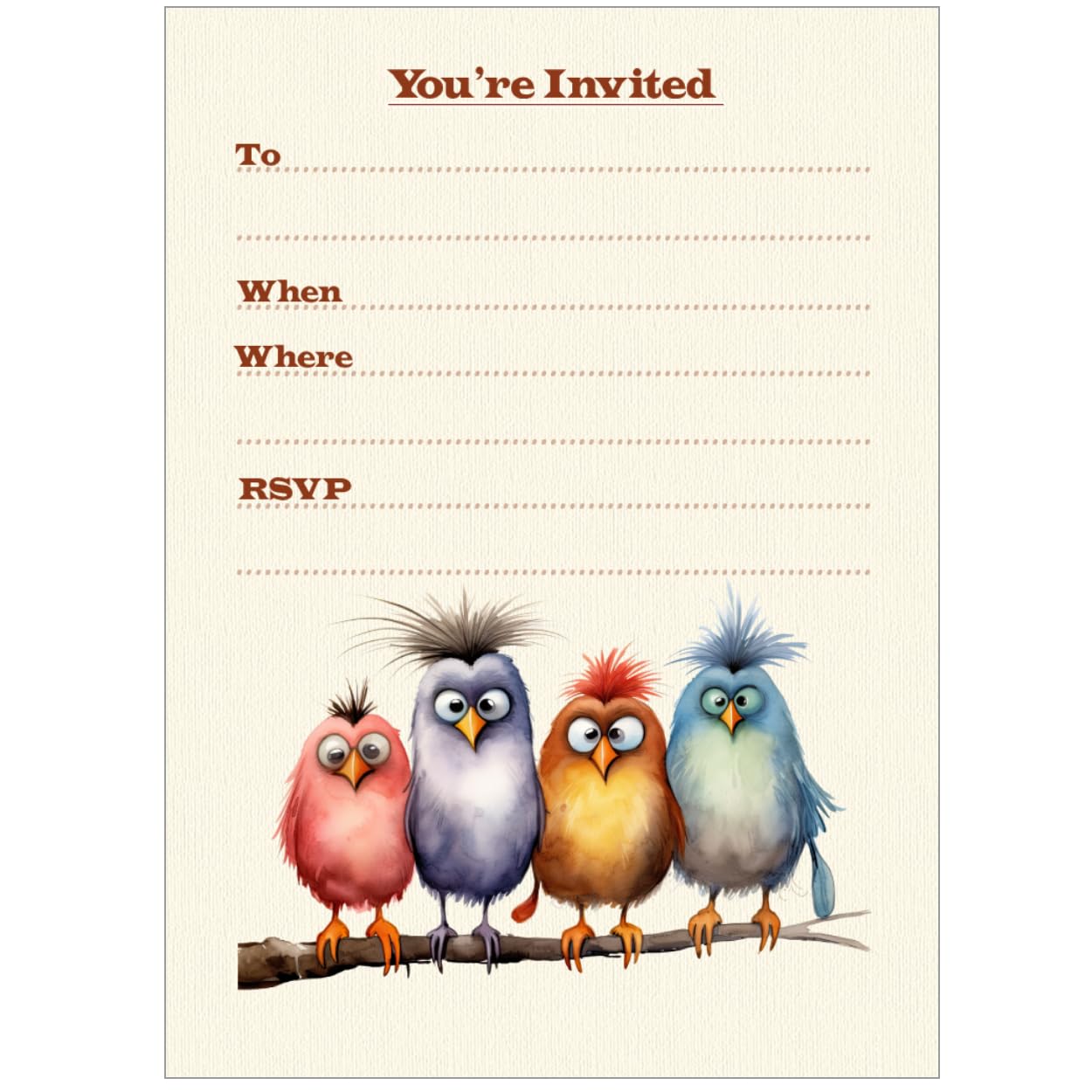 Wild And Arty Fun Birds Birthday Party Invitations - White Envelopes - Pack of 20
