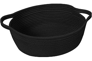 HONCESTA Small Woven Gift Basket, Baskets for Gifts Empty, Cotton Rope Cat Dog Toy Bin Box, Nursery Baby Organizer, Wicker Easter Basket with Handle, Shelf Storage Bin for Decor, Black, 12"x 8"x 5"