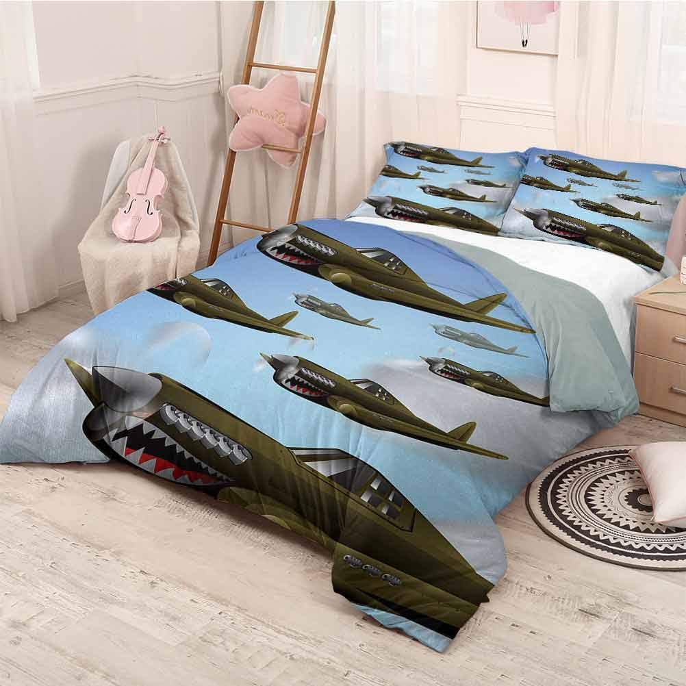 prunushome Airplane 3 Piece Duvet Cover Comforter Set Fighter Aircrafts Up in Air Flight Machinery Wings Illustration Technology Printing Bedclothes Decor Blue Green Grey Twin