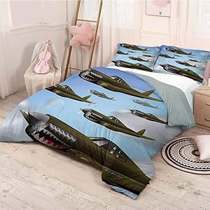 prunushome Airplane 3 Piece Duvet Cover Comforter Set Fighter Aircrafts Up in Air Flight Machinery Wings Illustration Technology Printing Bedclothes Decor Blue Green Grey Twin