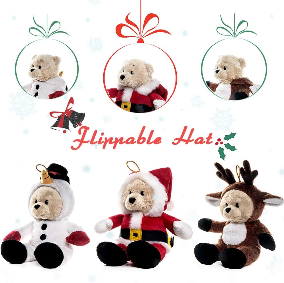 My OLi 7 Inch Christmas Teddy Bears 3 Pack, Santa Reindeer Snowman Plush with Flip-Top Hats, Xmas Tree Hanging Ornaments - Image 4