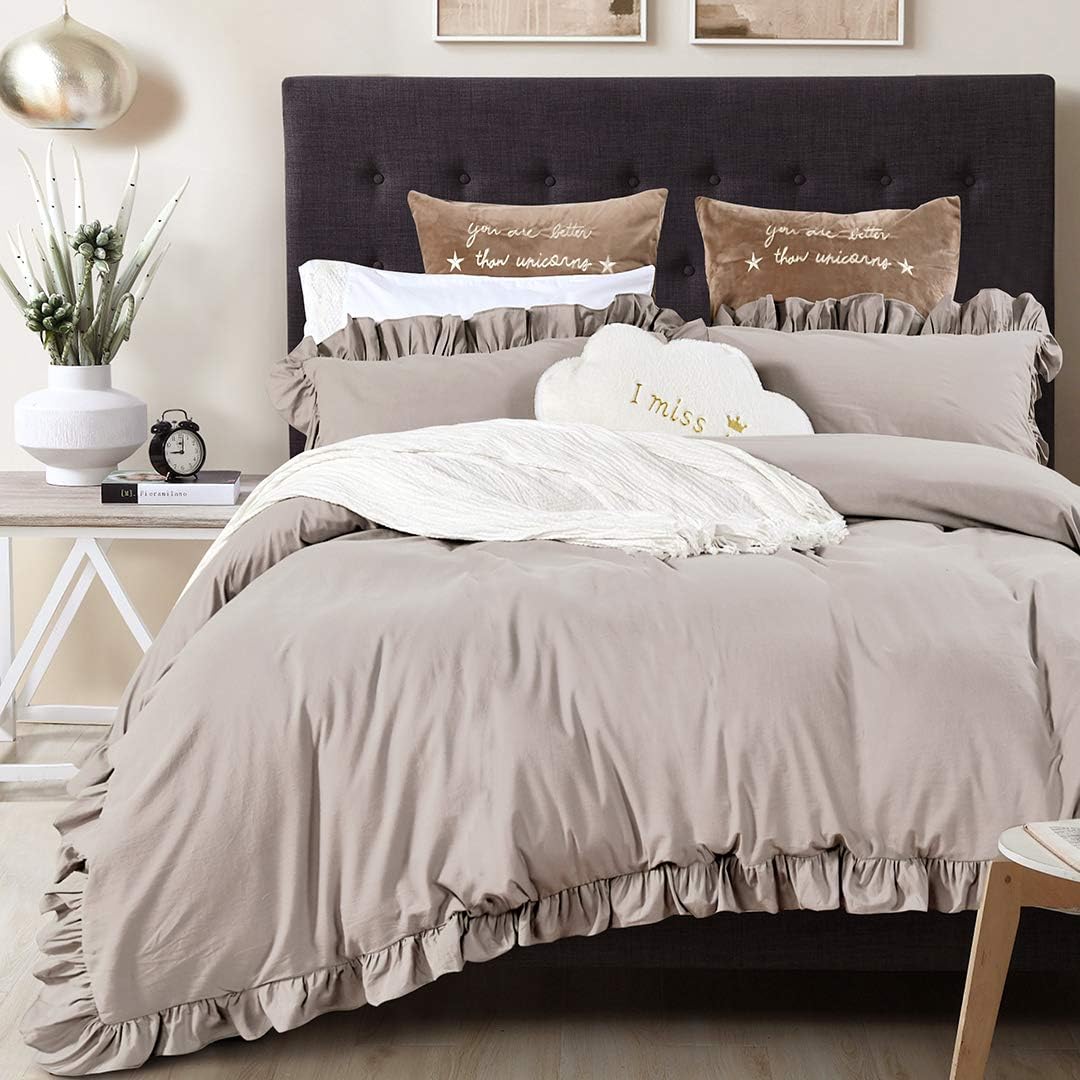 QSH Ruffle California King Duvet Cover Set,100% Washed Cotton Farmhouse Shabby Boho Chic Taupe Tan Bedding Comforter Quilt Cover Soft Vintage Rustic French Country Aesthetic Bedding 3 Pieces