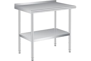 Stainless Steel Prep Table, 36 x 24 Inches, with Backsplash, Adjustable Undershelf, Commercial Heavy Duty Table with Adjustab