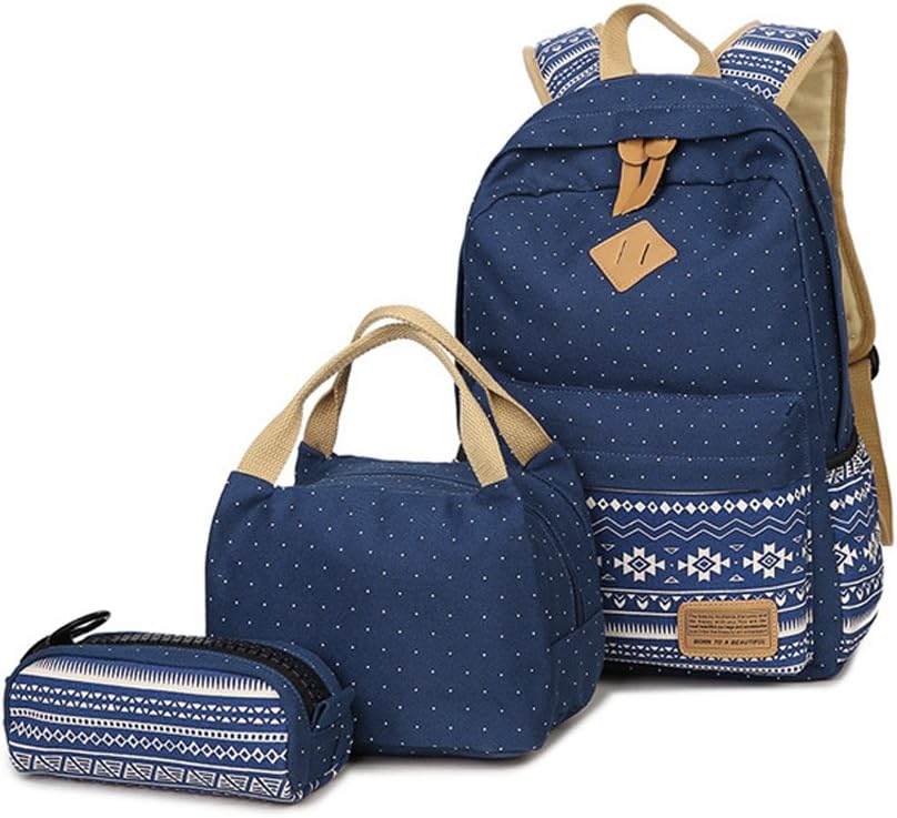 WINGMO Girls School Backpacks Casual College Canvas Bag Rucksack Satchel + Lunch Box + Pencil Case for Teen Youth Student (Dark Blue)