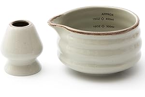 YumiPLUS 2pcs Matcha Bowl with Whisk Holder, Ceramic Grey Matcha Bowl with Spout, 16.5OZ Porcelain Bowl with Measurement Marks, Tea Mixing Bowl with Whisk Stand, Matcha Gift Set (grey)