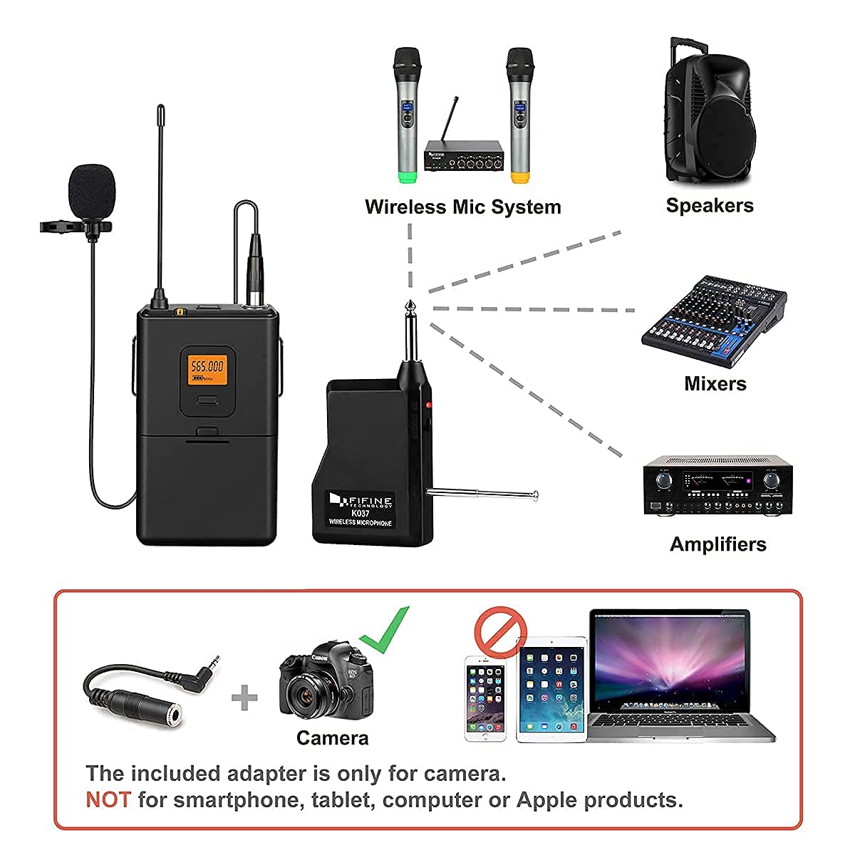 FIFINE 20-Channel UHF Wireless Lavalier Lapel Microphone System with Bodypack Transmitter, Mini XLR Female Lapel Mic and Portable Receiver, Quarter Inch Output. Perfect for Live Performance-K037