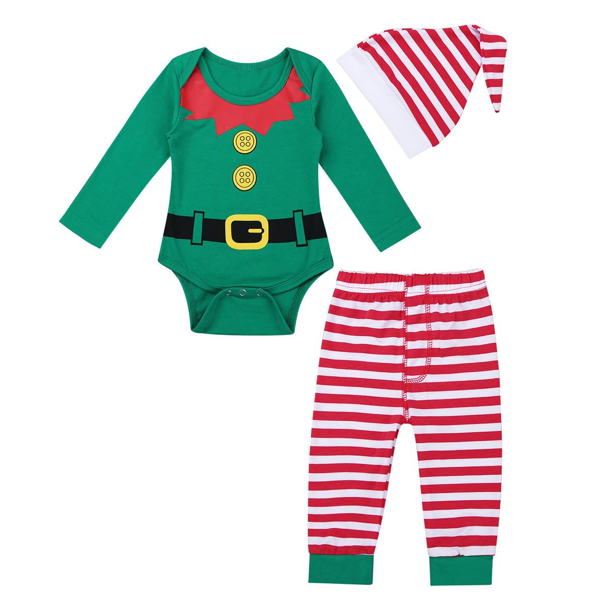 inlzdz Baby Girls Boys Xmas Santa Fairy Spirit Outfit Long Sleeves Romper with Striped Pants Hat Clothes Set Christmas Costume Green 9-12 Months