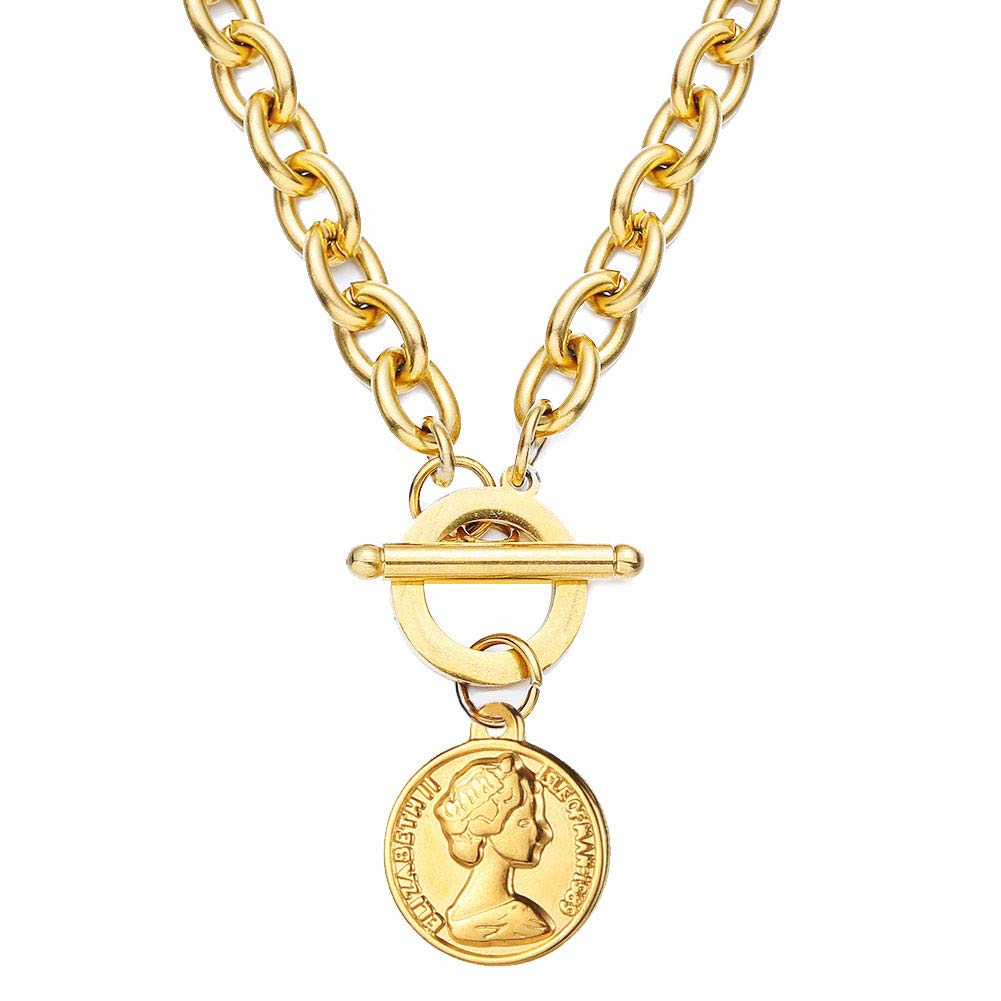 chengxun 18K Gold Plated Queen Head Coin Necklaces for Women Stainless Steel Thick Chain OT Buckle Necklace (gold)