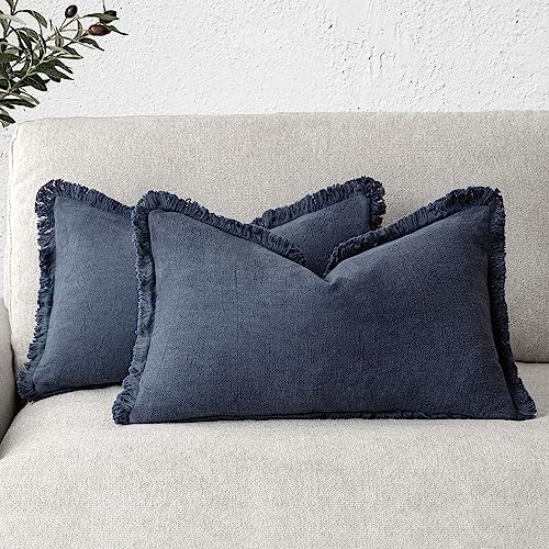 Foindtower Set of 2 Decorative Linen Lumbar Cushion Covers with Fringes, Bohemian Style with Tassels, Soft and Cosy, for Sofa, Living Room, Home Decor, 30.5 x 50.8 cm, Navy Blue