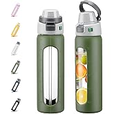 MUKOKO 2-in-1 Borosilicate Glass Water Bottle with Straw for Sports and Travel, 24oz Drinking Bottle with Silicone Sleeve, BPA Free, Leak Proof, Olive